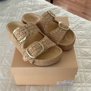 Loeffler Randall Tan Sandals with Gold Buckles